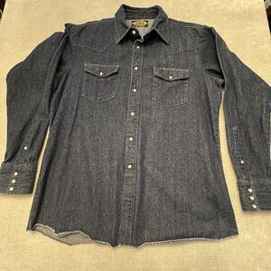 Vtg BB Brand Shirt Mens Pearl Snap Dark Denim Long Sleeve XLarge New Orleans USA